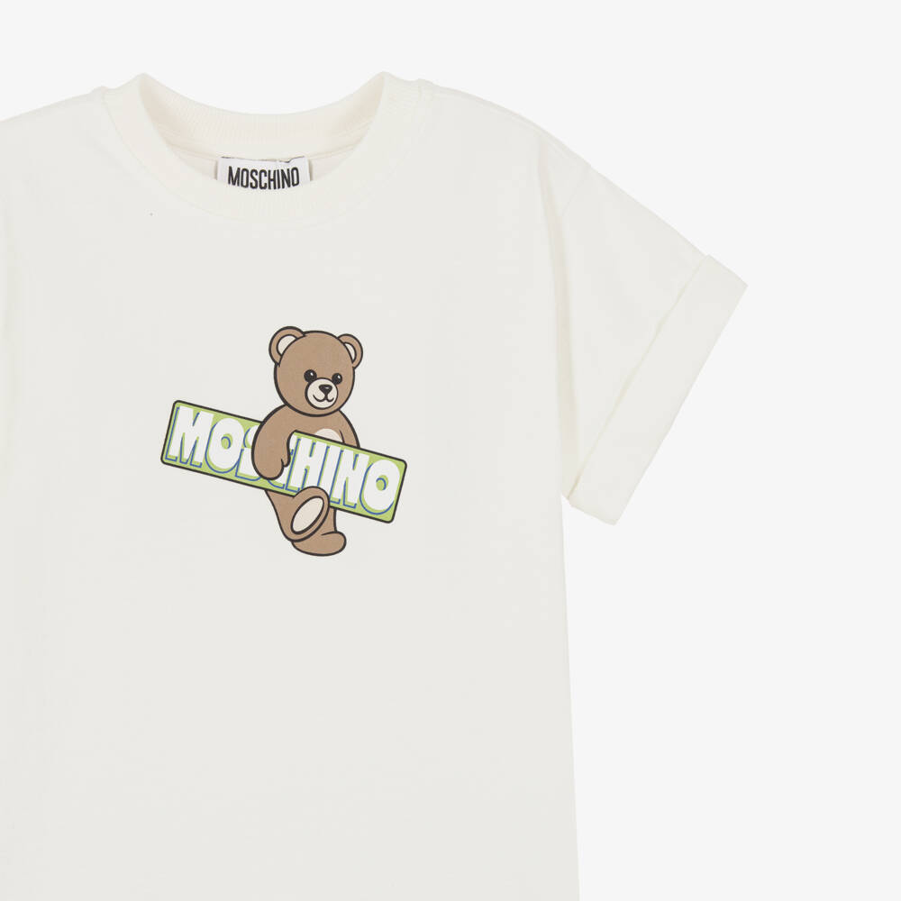 Moschino-Pale Ivory Cotton Pique Teddy Bear T-Shirt | Childrensalon