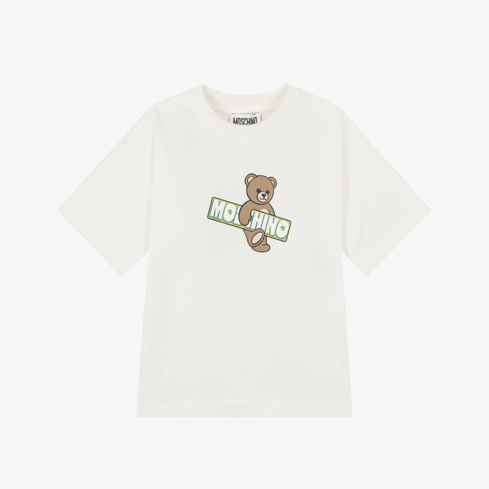 Moschino-Pale Ivory Cotton Pique Teddy Bear T-Shirt | Childrensalon