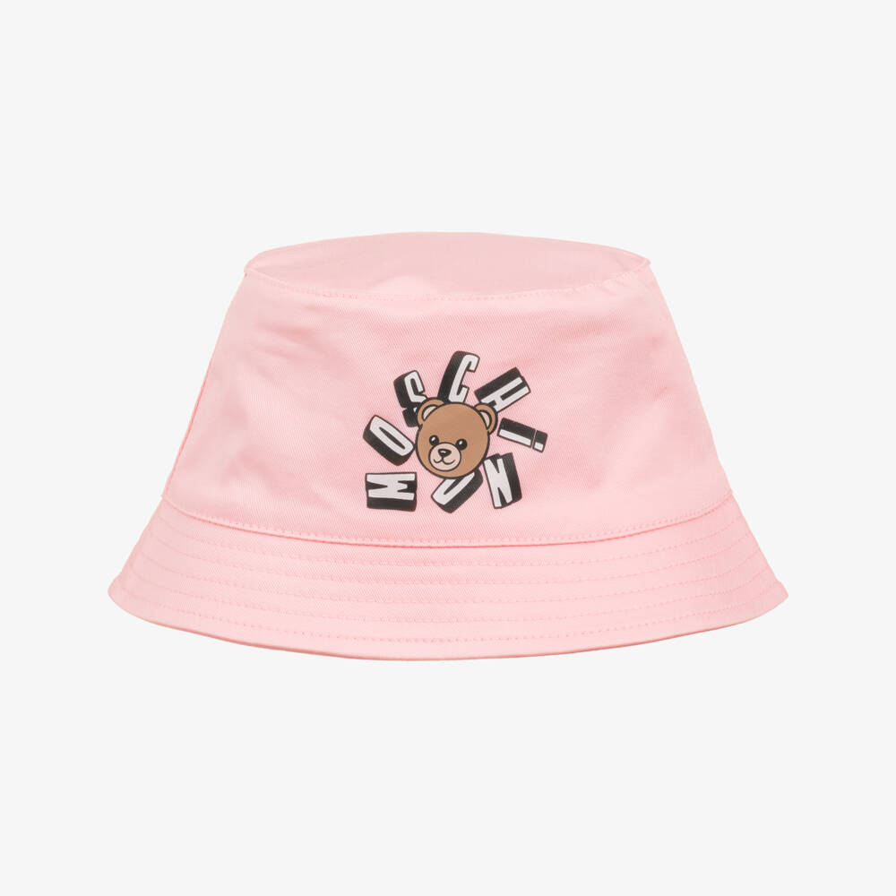 Moschino-Pink Cotton Bucket Hat with Teddy Bear Logo | Childrensalon
