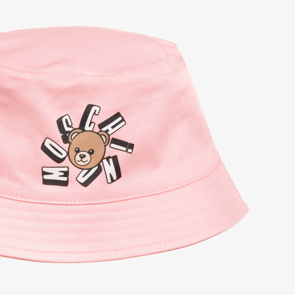 Moschino-Pink Cotton Bucket Hat with Teddy Bear Logo | Childrensalon