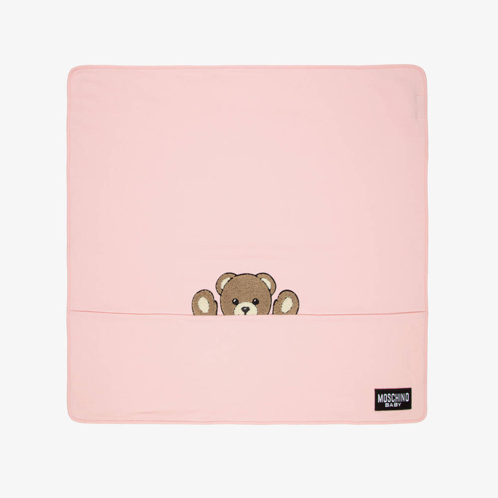 Moschino-Pink Cotton Jersey Blanket with Peeking Teddy (70cm) | Childrensalon