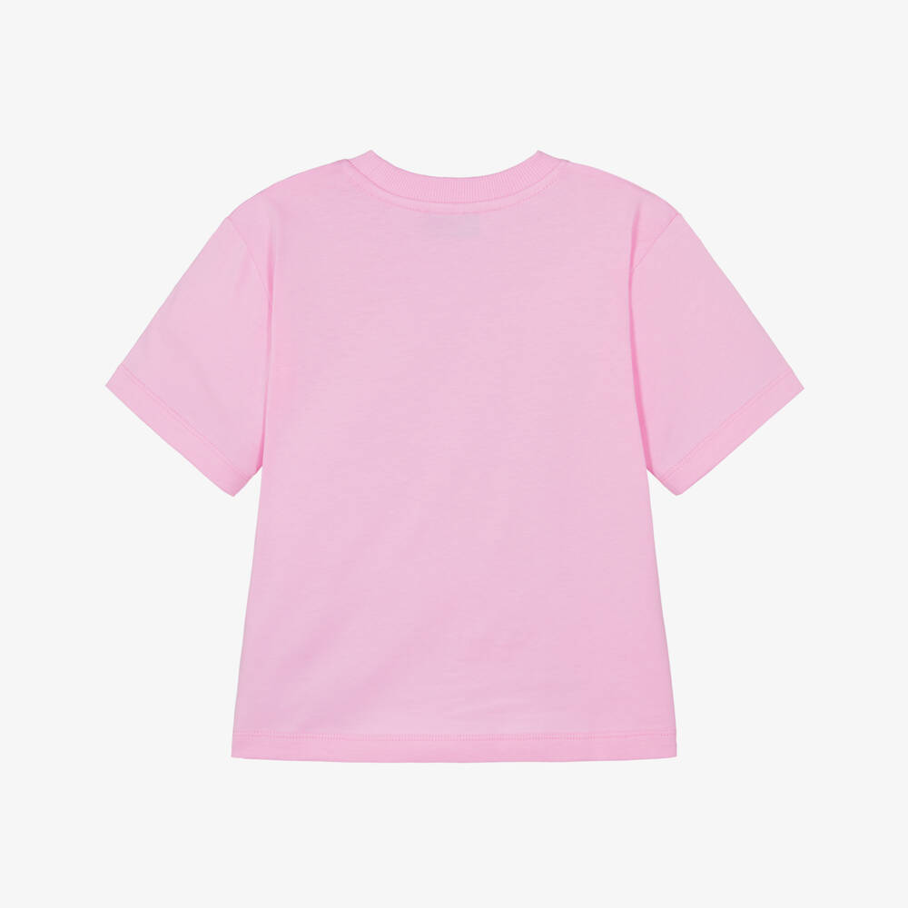 Moschino-Pink Cotton Maxi T-Shirt with Multicolour Logo | Childrensalon