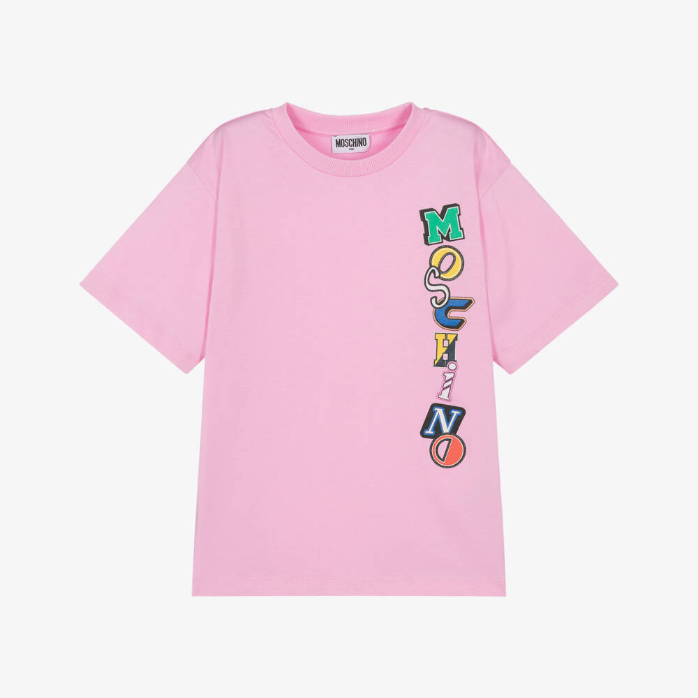 Moschino-Pink Cotton Maxi T-Shirt with Multicolour Logo | Childrensalon