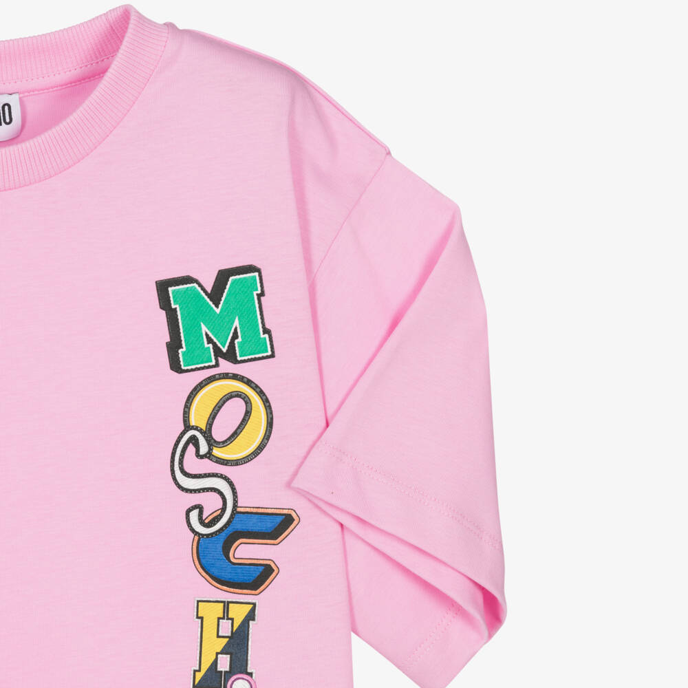 Moschino-Pink Cotton Maxi T-Shirt with Multicolour Logo | Childrensalon