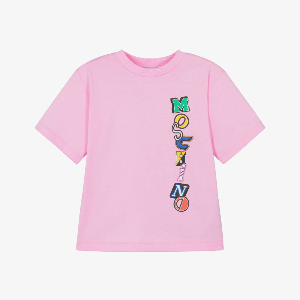 Moschino-Pink Cotton Maxi T-Shirt with Multicolour Logo | Childrensalon
