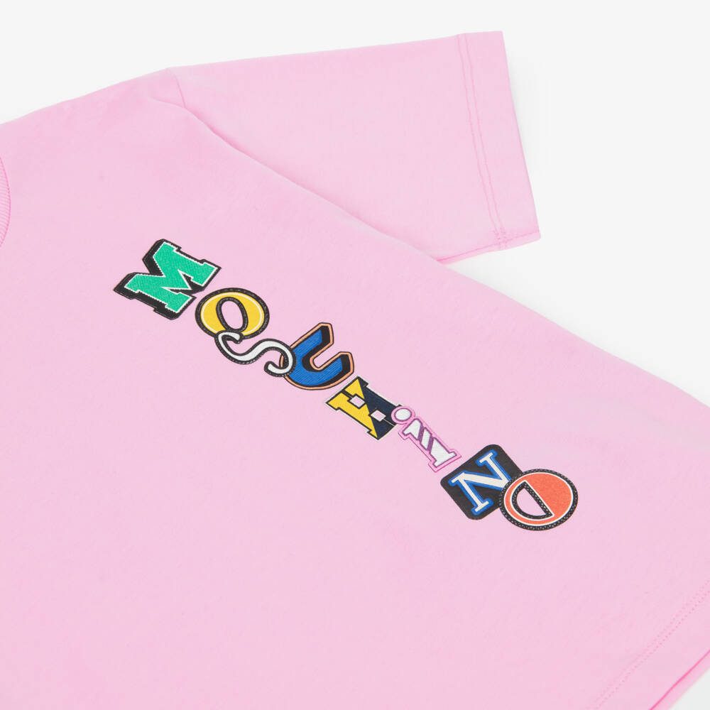 Moschino-Pink Cotton Maxi T-Shirt with Multicolour Logo | Childrensalon