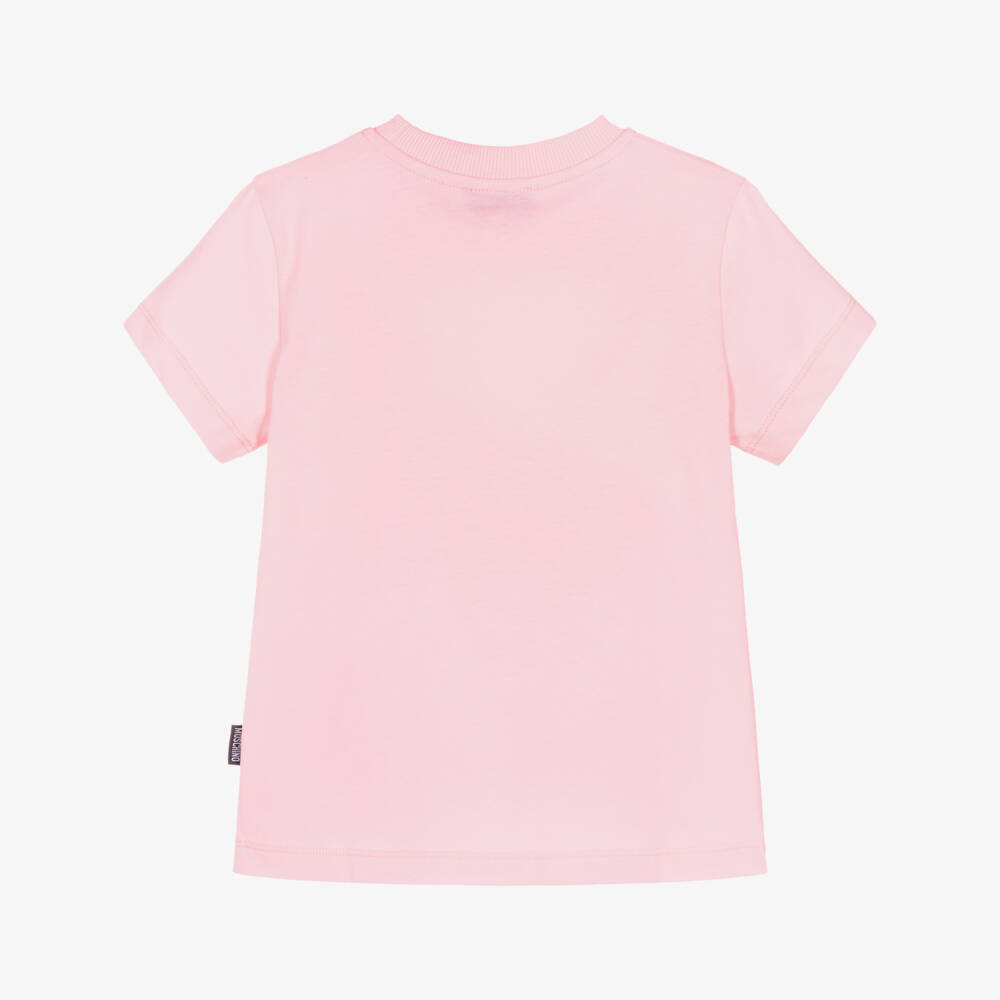 Moschino-Pink Cotton T-Shirt with Embroidered Teddy Bear Logo Patch | Childrensalon
