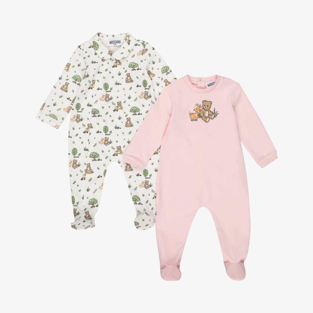 Moschino-Pink & Ivory Cotton Teddy Bear Babygrows (2 Pack) | Childrensalon