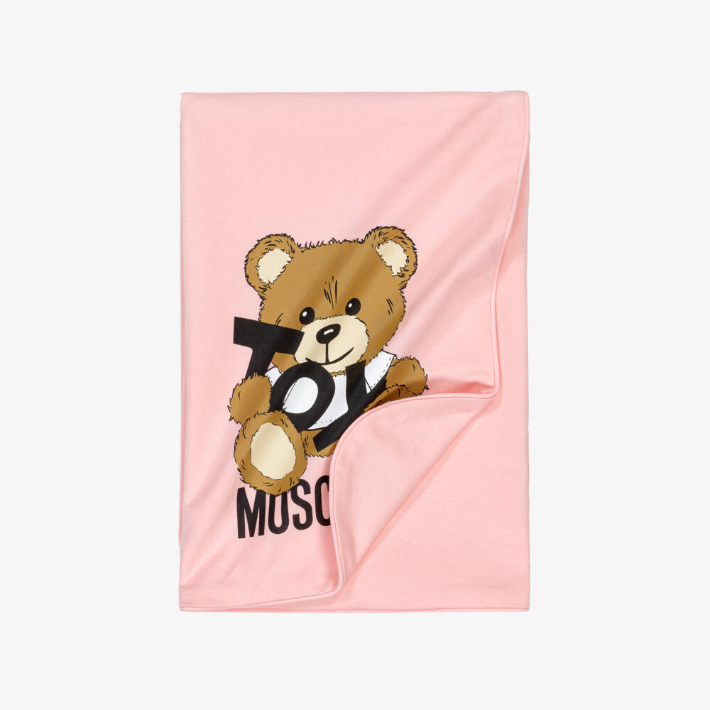 Moschino-Pink Teddy Bear Logo Cotton Blanket (70cm) | Childrensalon