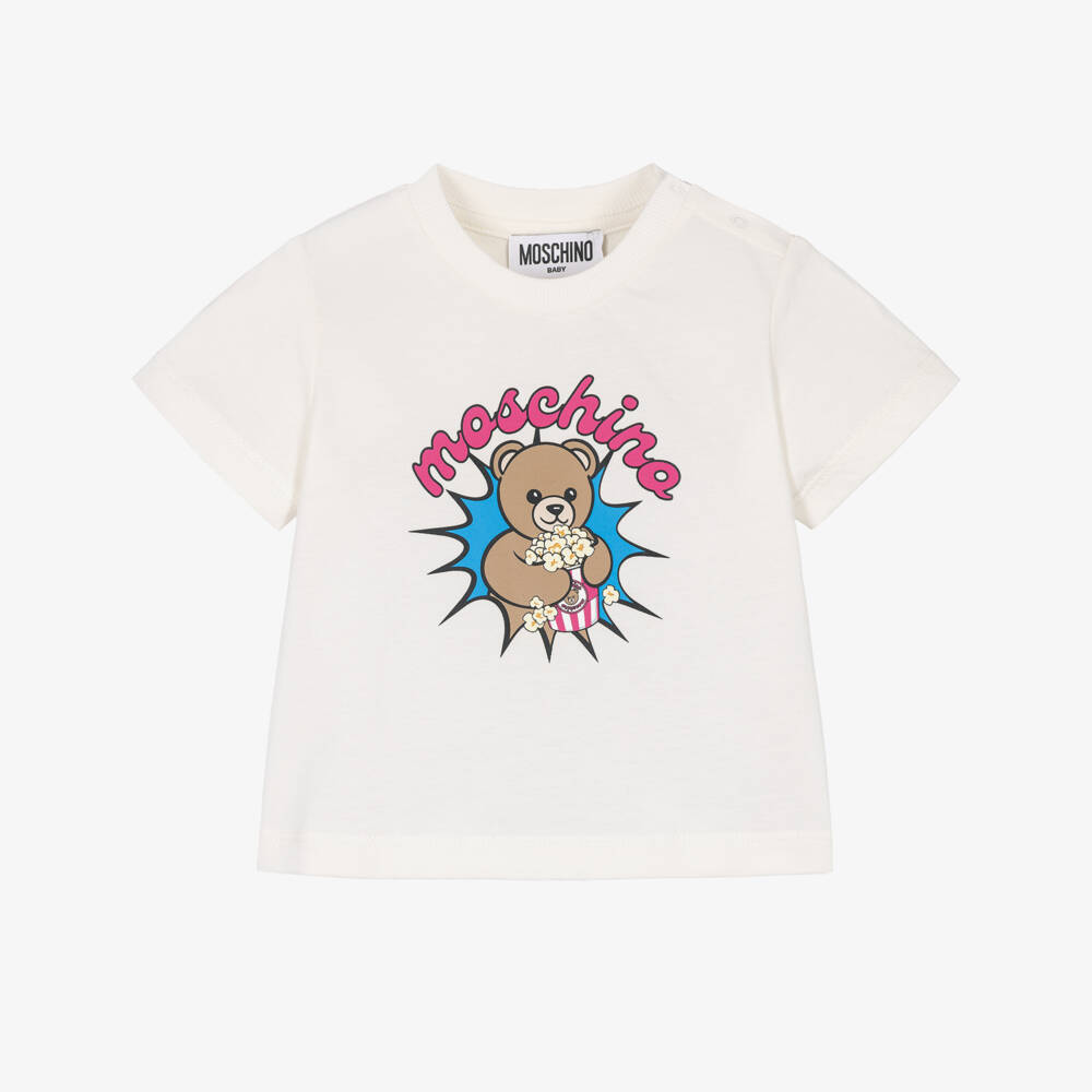 Moschino-Popcorn Teddy Bear T-Shirt in Ivory | Childrensalon
