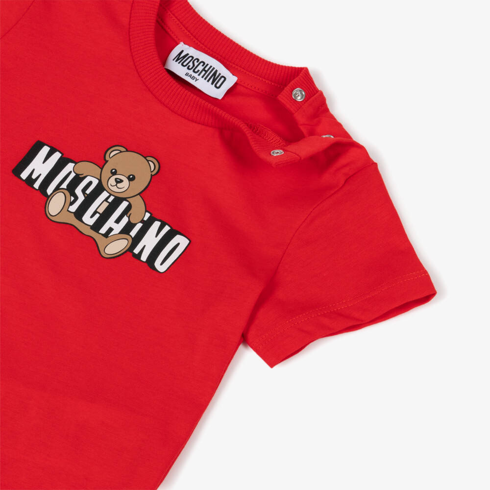 Moschino-Red Cotton T-Shirt with Teddy Bear Logo | Childrensalon