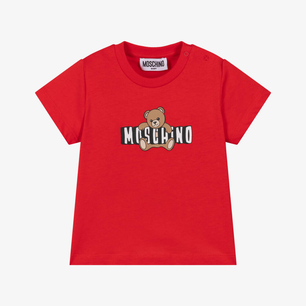 Moschino-Red Cotton T-Shirt with Teddy Bear Logo | Childrensalon