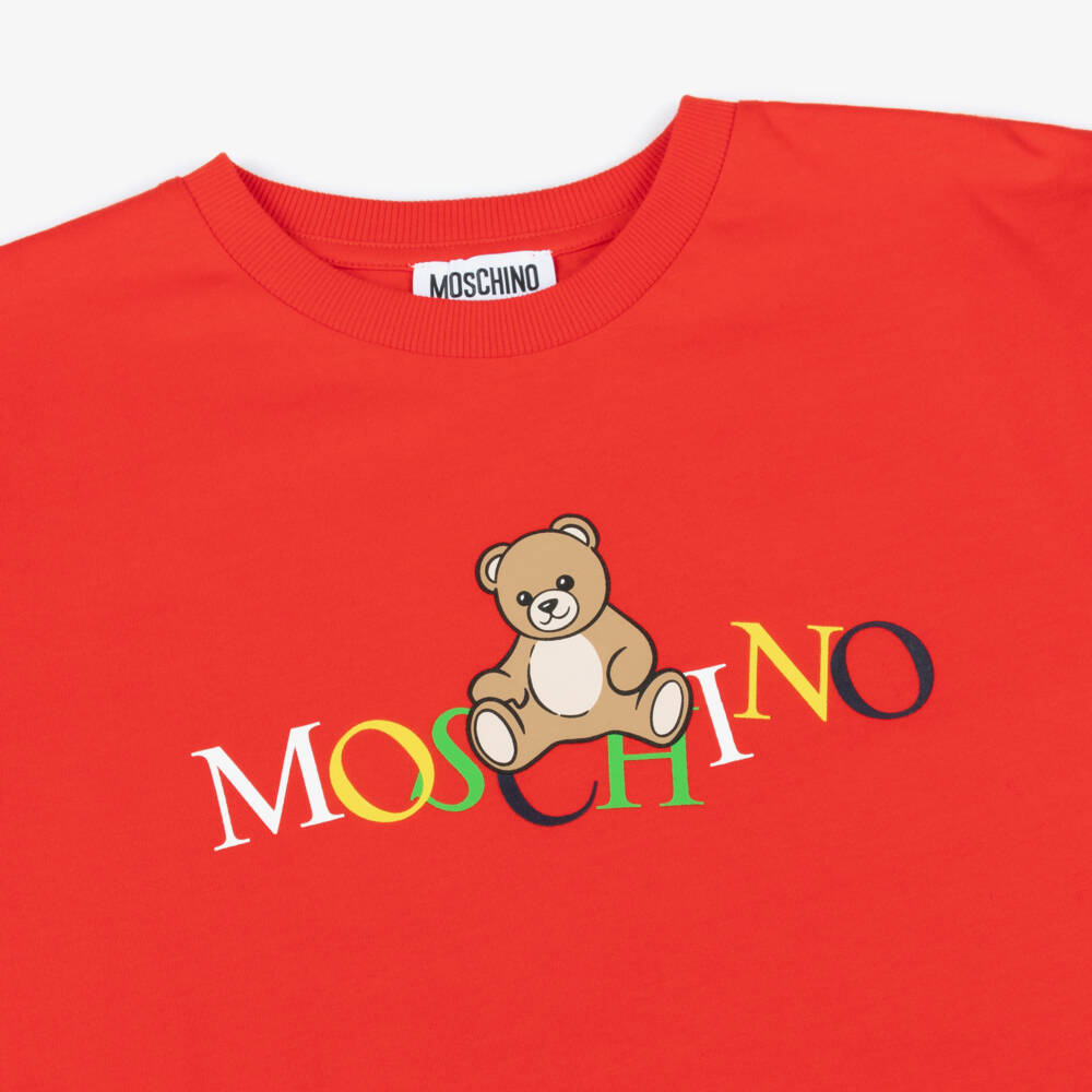 Moschino-Red Cotton Teddy Bear T-Shirt with Colourful Logo | Childrensalon