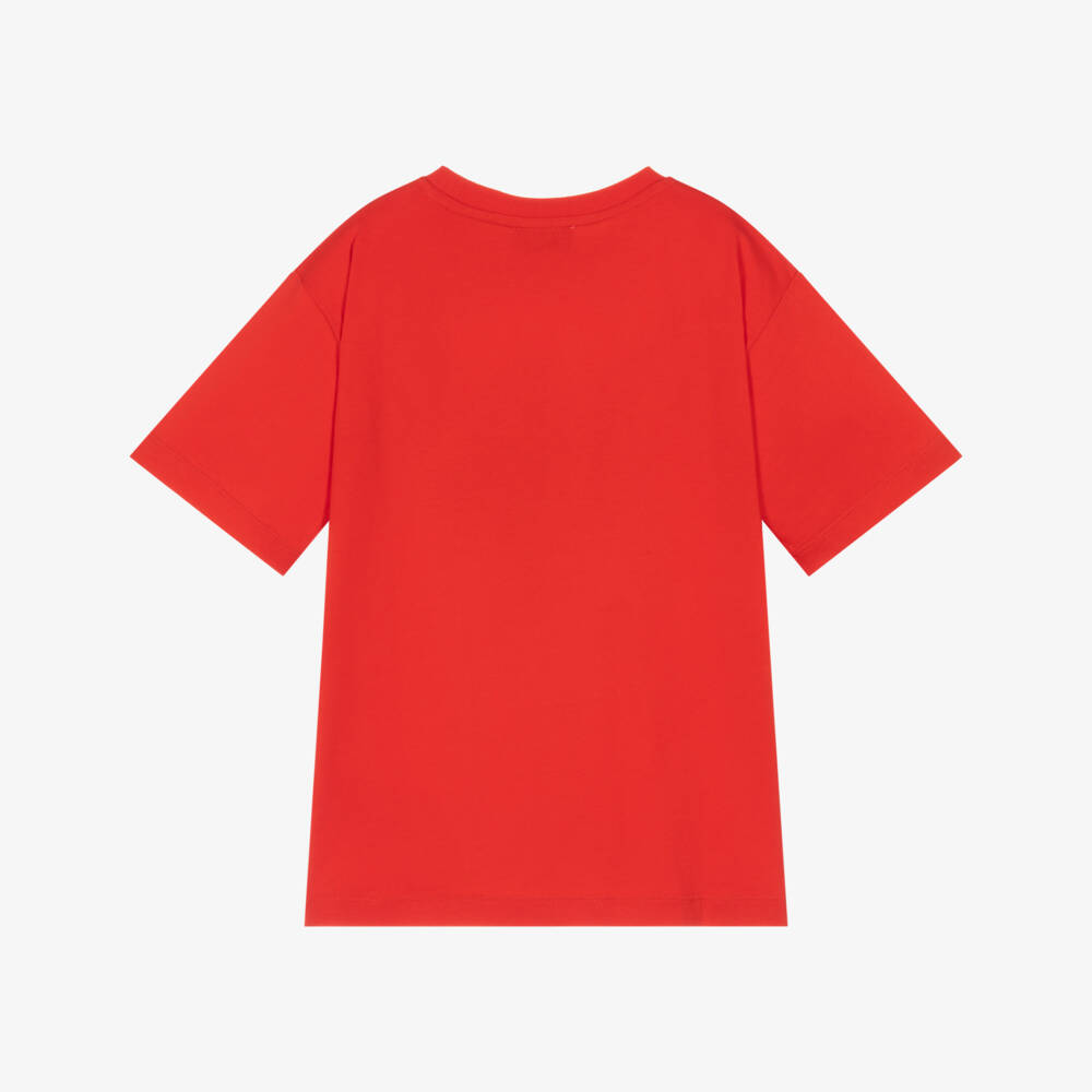 Moschino-Red Cotton Teddy Bear T-Shirt with Colourful Logo | Childrensalon