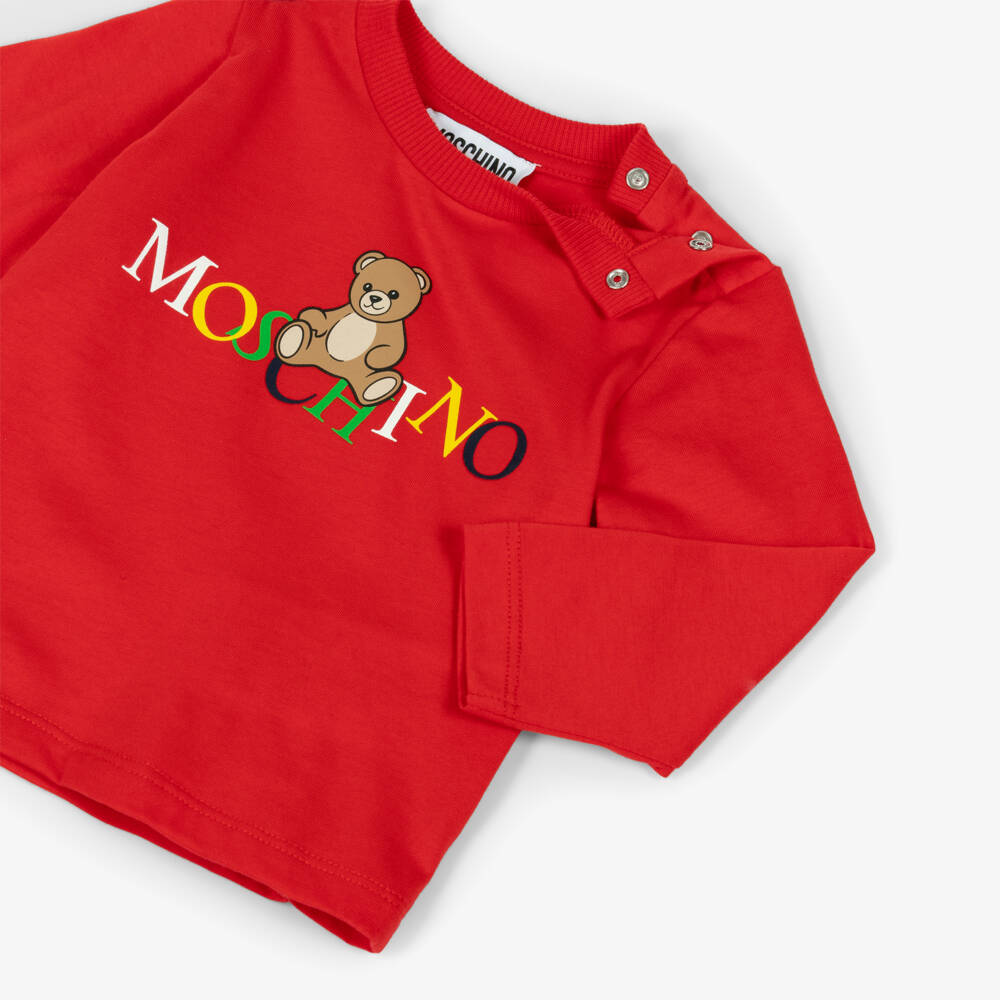 Moschino-Red Cotton Teddy Bear Top with Colourful Logo | Childrensalon
