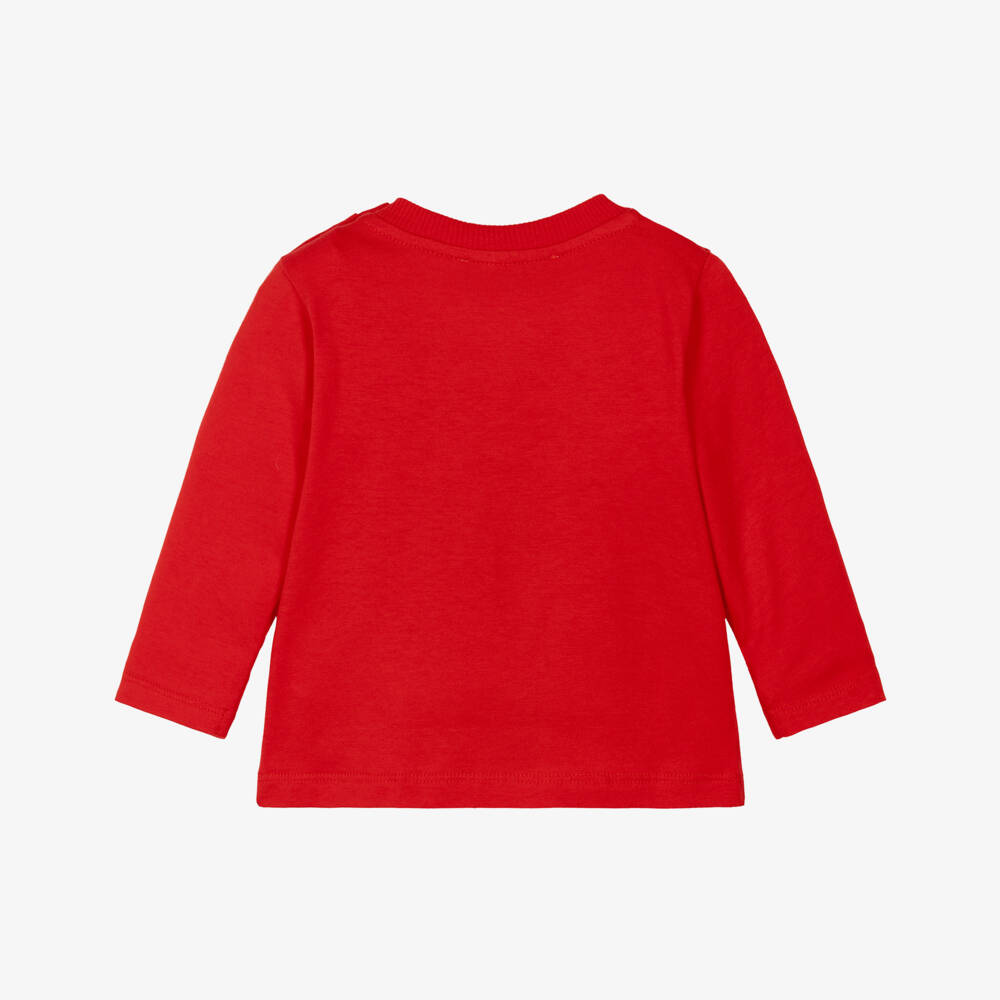 Moschino-Red Cotton Teddy Bear Top with Colourful Logo | Childrensalon