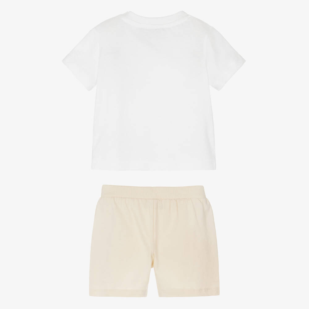 Moschino-White & Beige Cotton Jersey Shorts Set with Teddy Bear Logo | Childrensalon