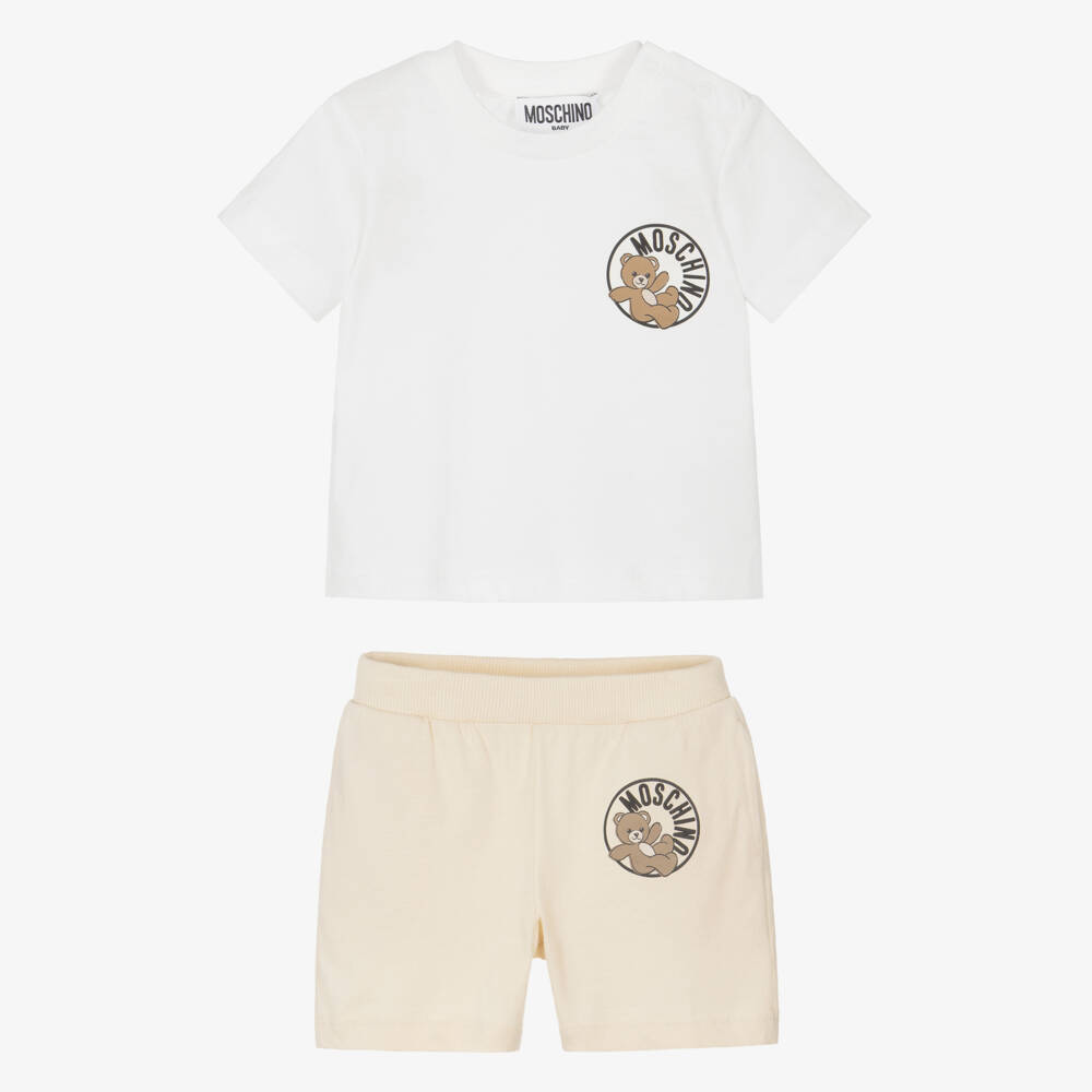 Moschino-White & Beige Cotton Jersey Shorts Set with Teddy Bear Logo | Childrensalon