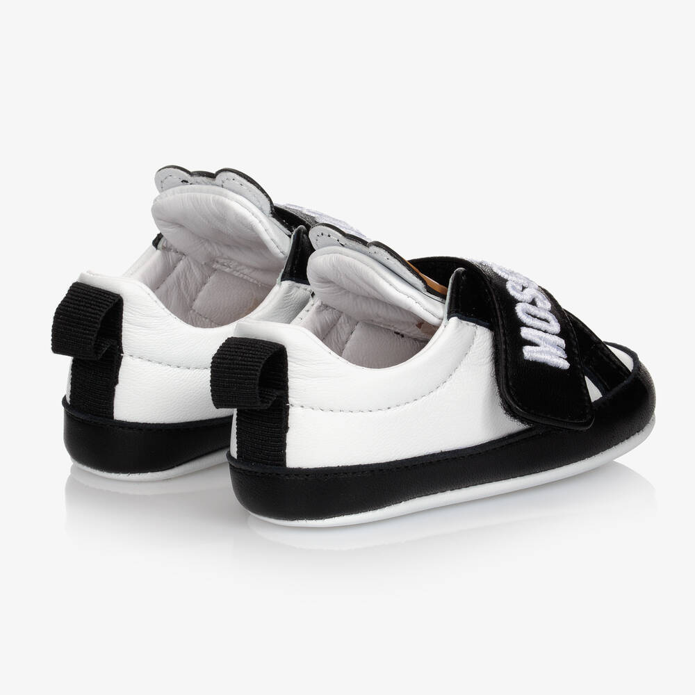 Moschino Baby-White & Black Leather Baby Pre-Walkers | Childrensalon