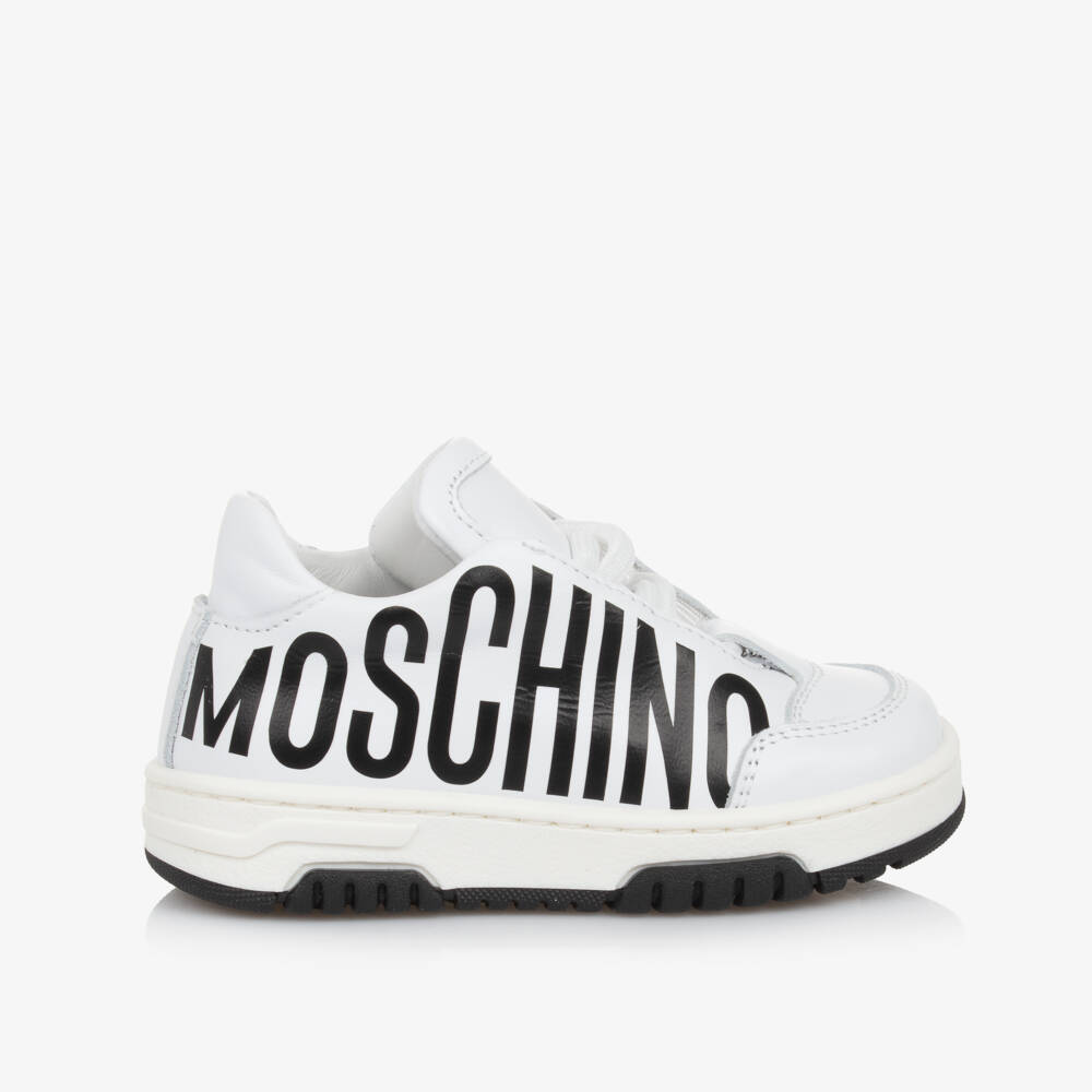 Moschino-White & Black Logo Leather Trainers | Childrensalon