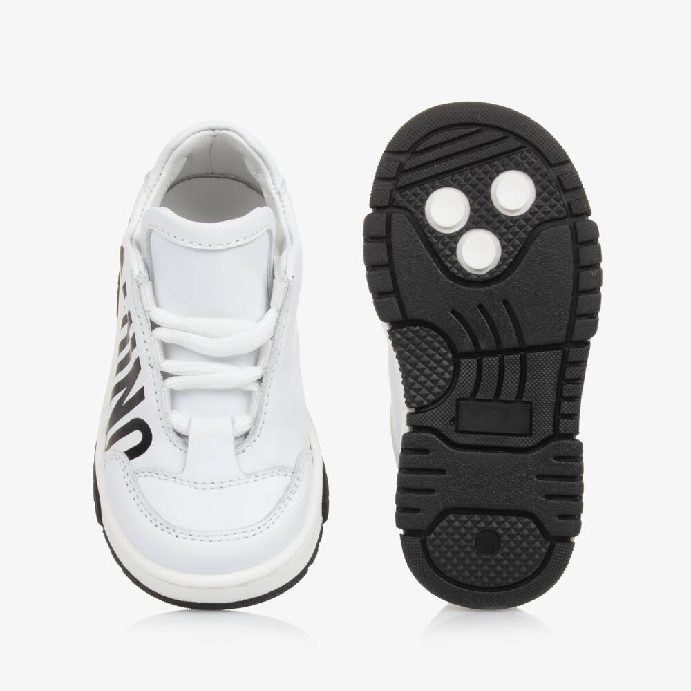 Moschino-White & Black Logo Leather Trainers | Childrensalon
