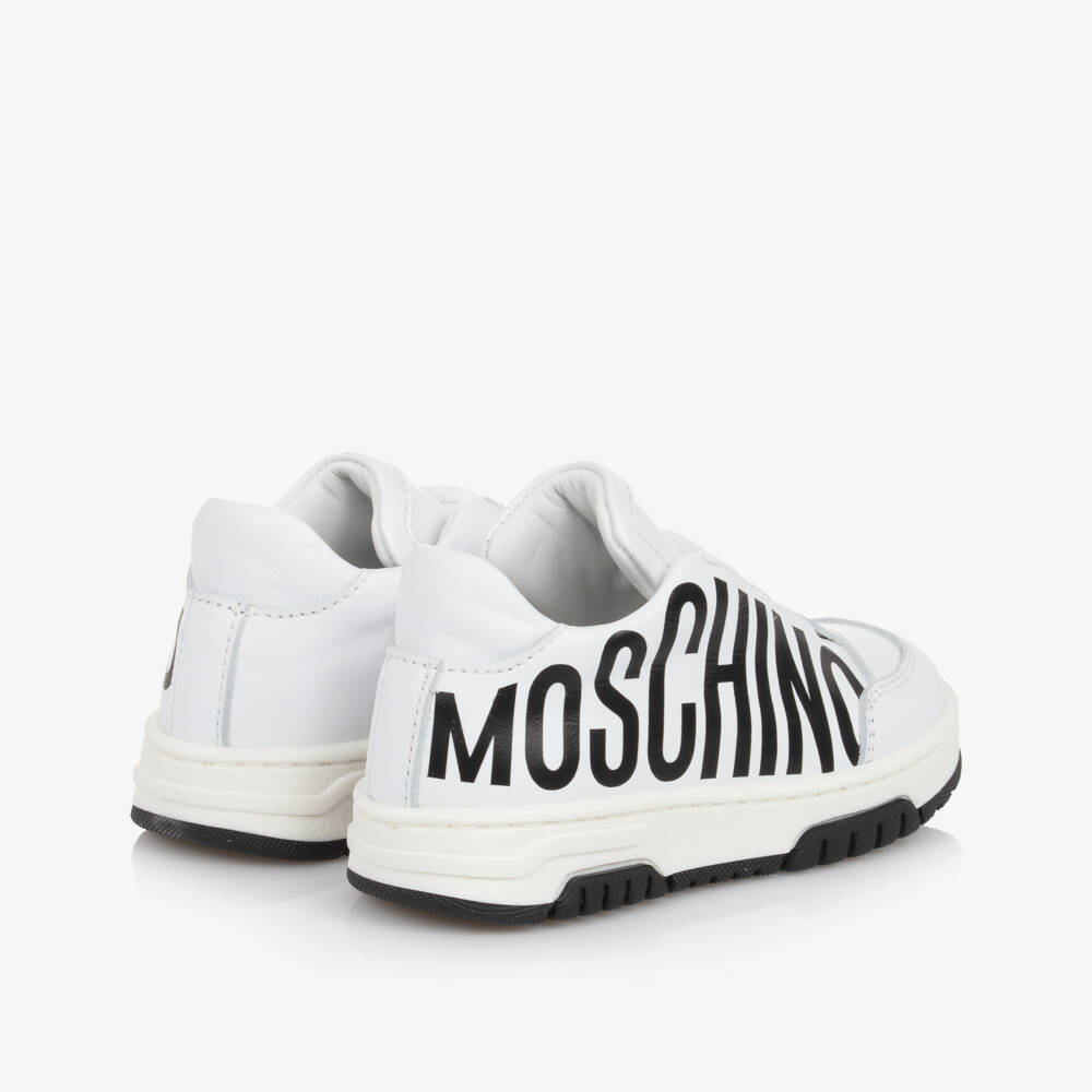 Moschino-White & Black Logo Leather Trainers | Childrensalon