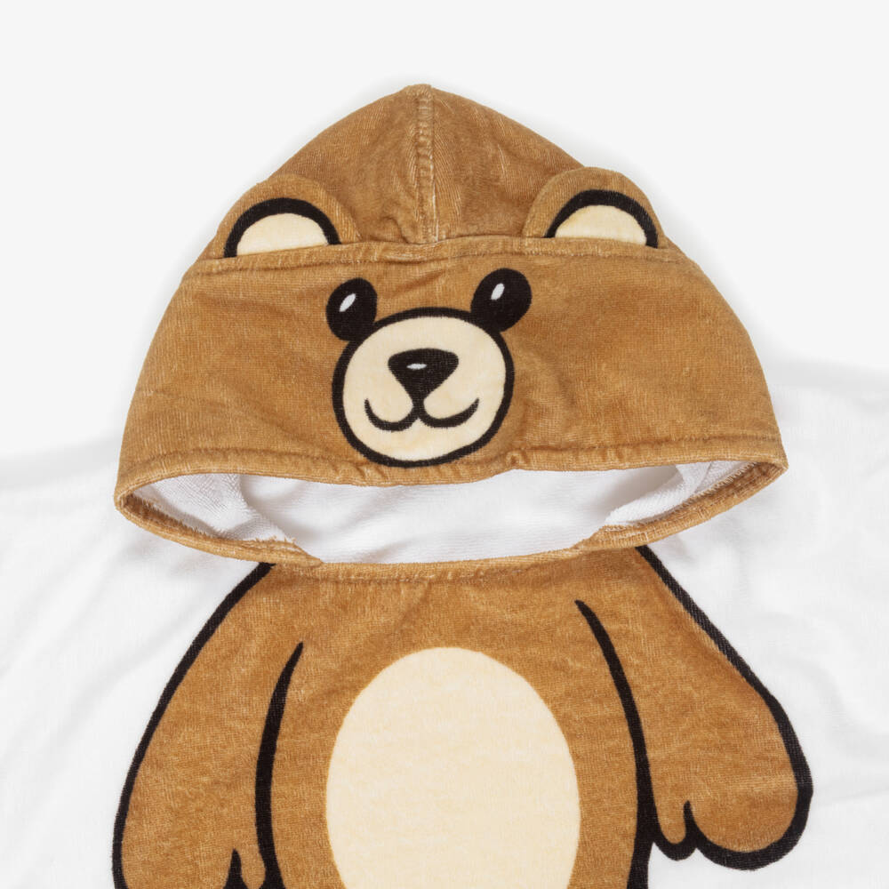 Moschino-White & Brown Teddy Bear Cotton Poncho Towel | Childrensalon
