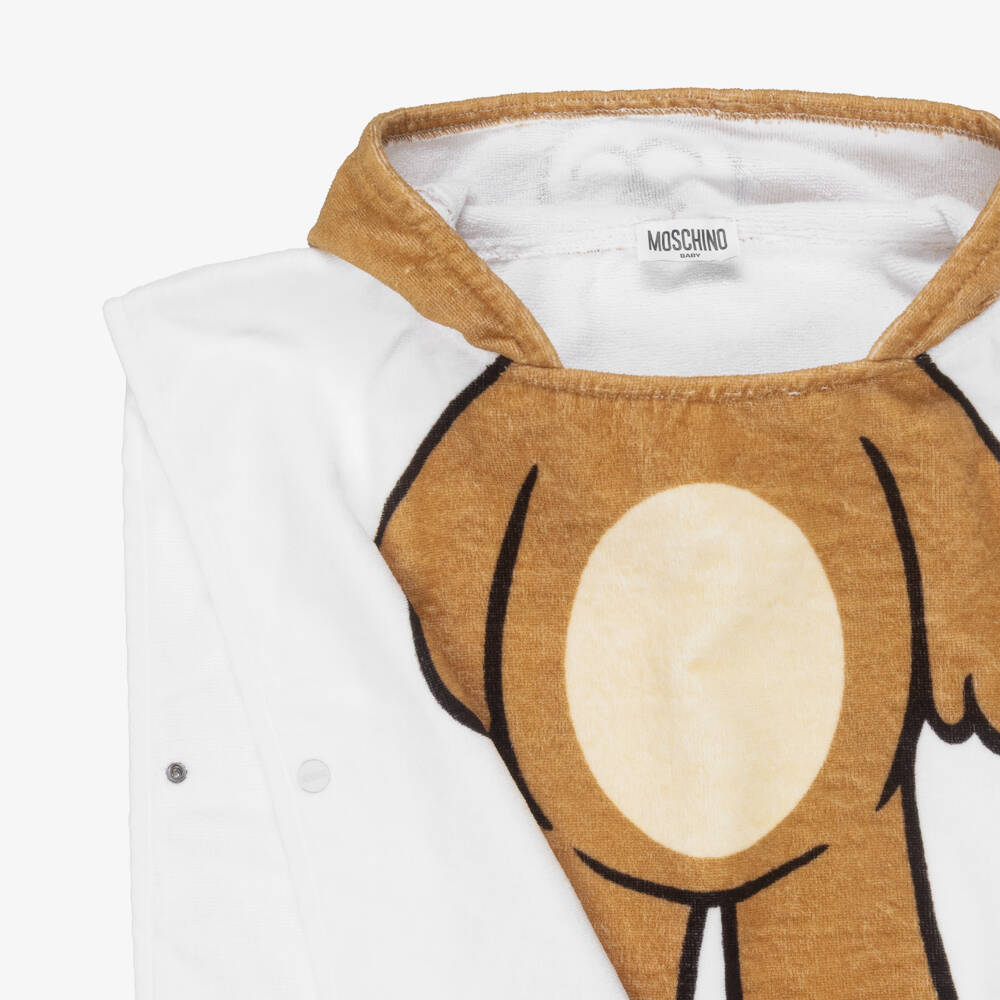 Moschino-White & Brown Teddy Bear Cotton Poncho Towel | Childrensalon
