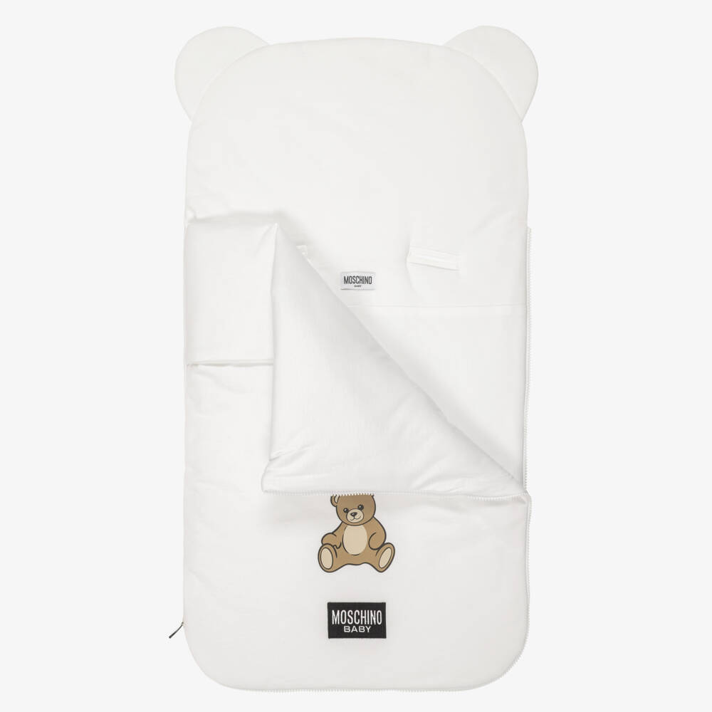 Moschino-White Cotton Baby Nest with Teddy Bear Ears (79cm) | Childrensalon
