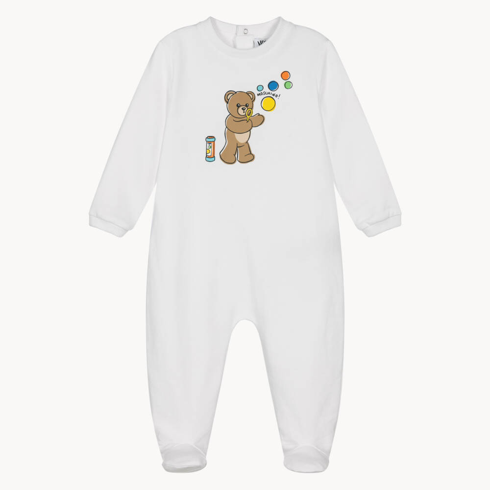 Moschino-White Cotton Babygrow with Teddy Bear & Bubble Print | Childrensalon