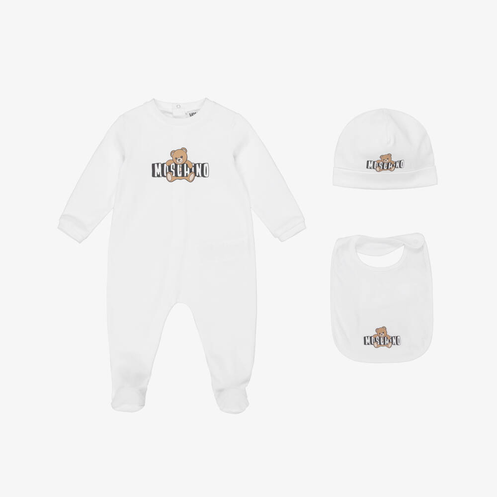 Moschino-White Cotton Babysuit Set with Teddy Bear Logo | Childrensalon