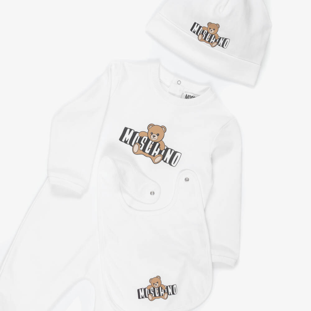 Moschino-White Cotton Babysuit Set with Teddy Bear Logo | Childrensalon