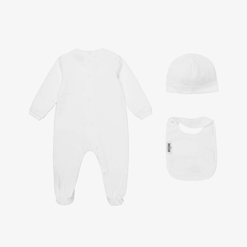 Moschino-White Cotton Babysuit Set with Teddy Bear Logo | Childrensalon