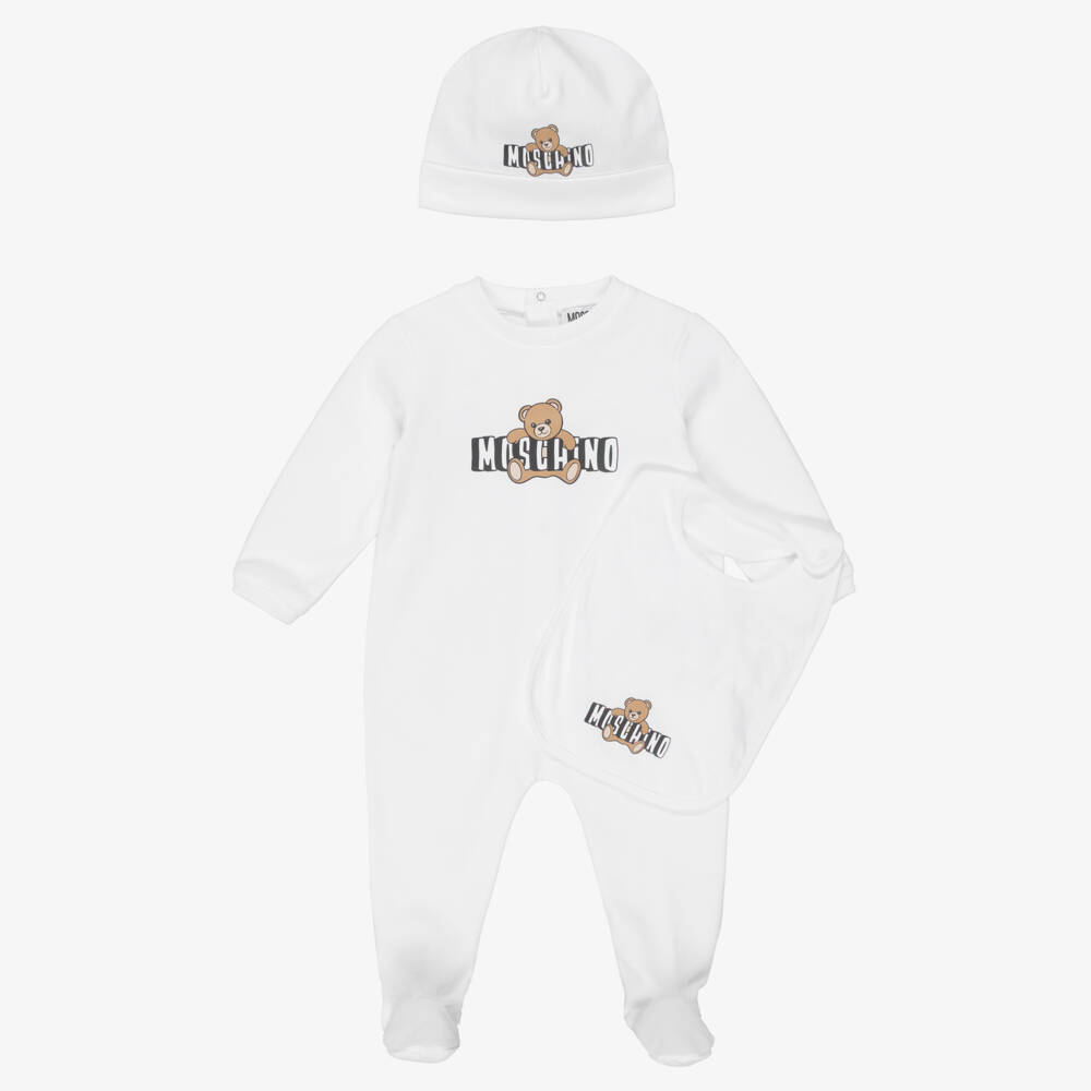 Moschino-White Cotton Babysuit Set with Teddy Bear Logo | Childrensalon