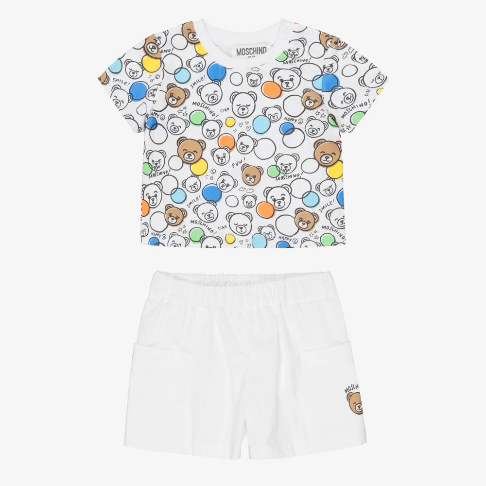 Moschino-White Cotton Bear Faces Shorts Set | Childrensalon