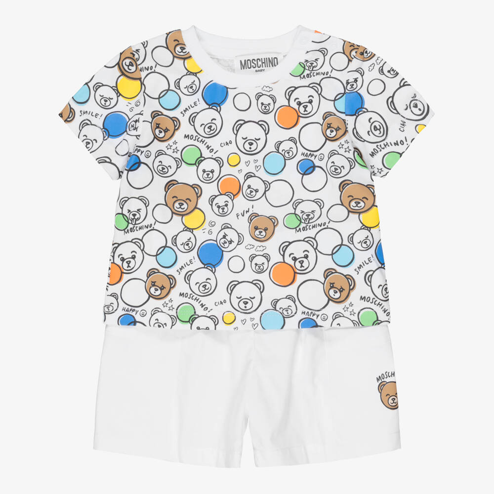 Moschino-White Cotton Bear Faces Shorts Set | Childrensalon