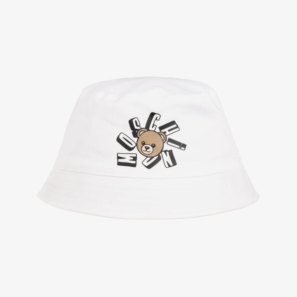 Moschino-White Cotton Bucket Hat with Teddy Bear Logo | Childrensalon