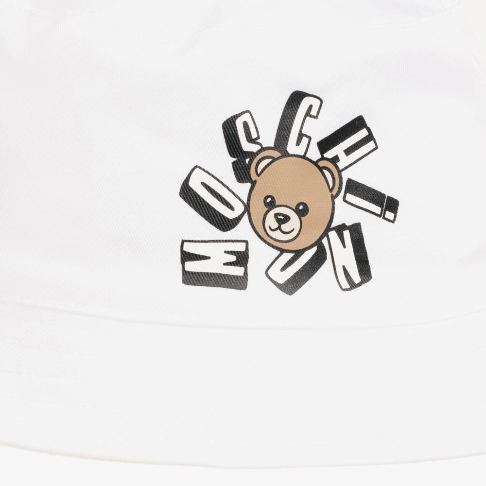 Moschino-White Cotton Bucket Hat with Teddy Bear Logo | Childrensalon