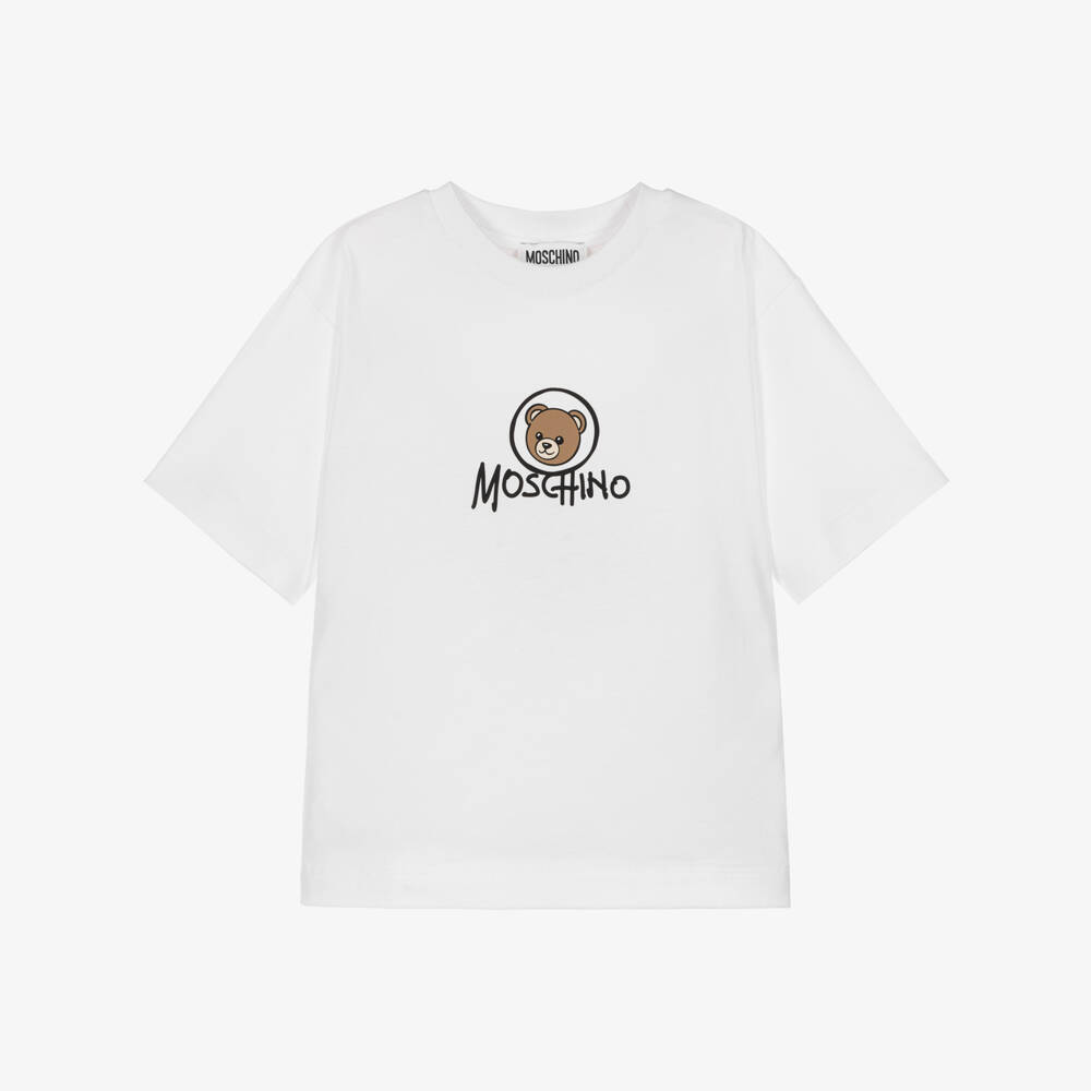Moschino-White Cotton Jersey T-Shirt with Bear Graphic | Childrensalon
