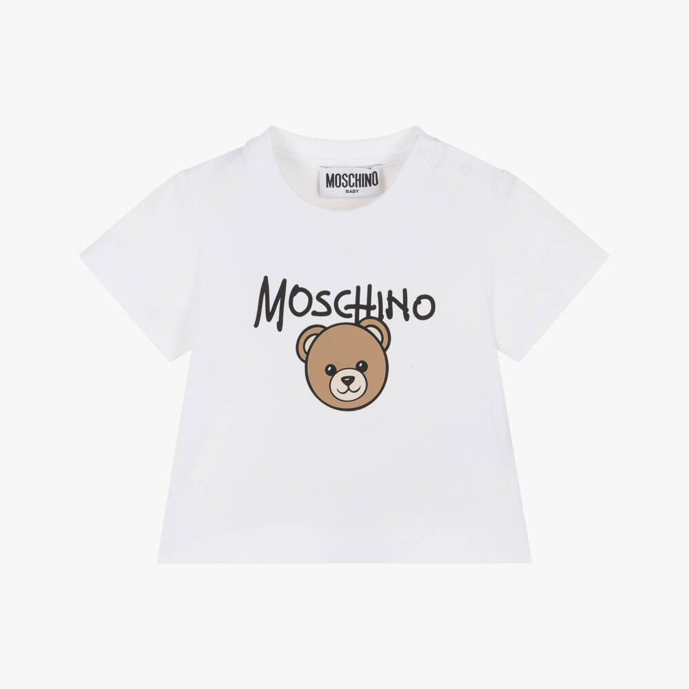 Moschino-White Cotton Jersey T-Shirt with Teddy Bear Logo | Childrensalon