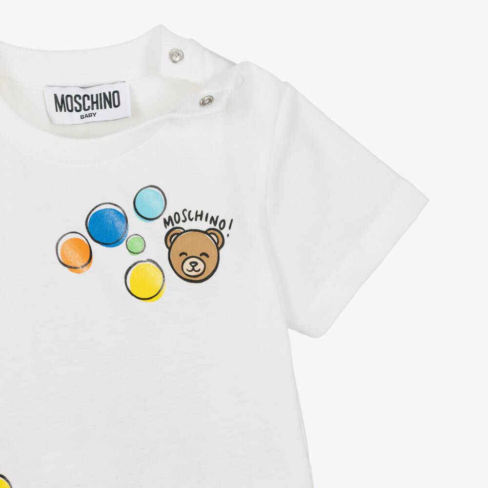 Moschino-White Cotton T-Shirt with Colourful Bubble Print | Childrensalon
