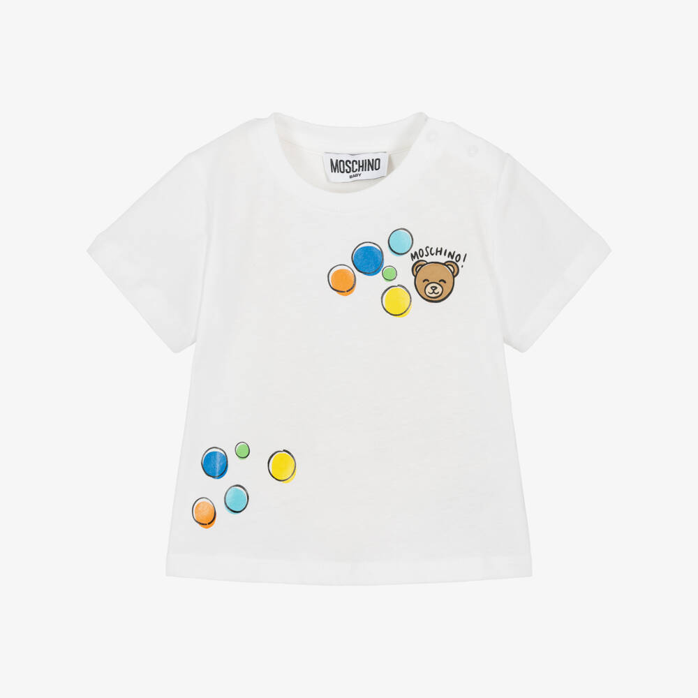Moschino-White Cotton T-Shirt with Colourful Bubble Print | Childrensalon