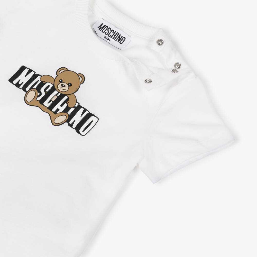 Moschino-White Cotton T-Shirt with Teddy Bear Logo | Childrensalon