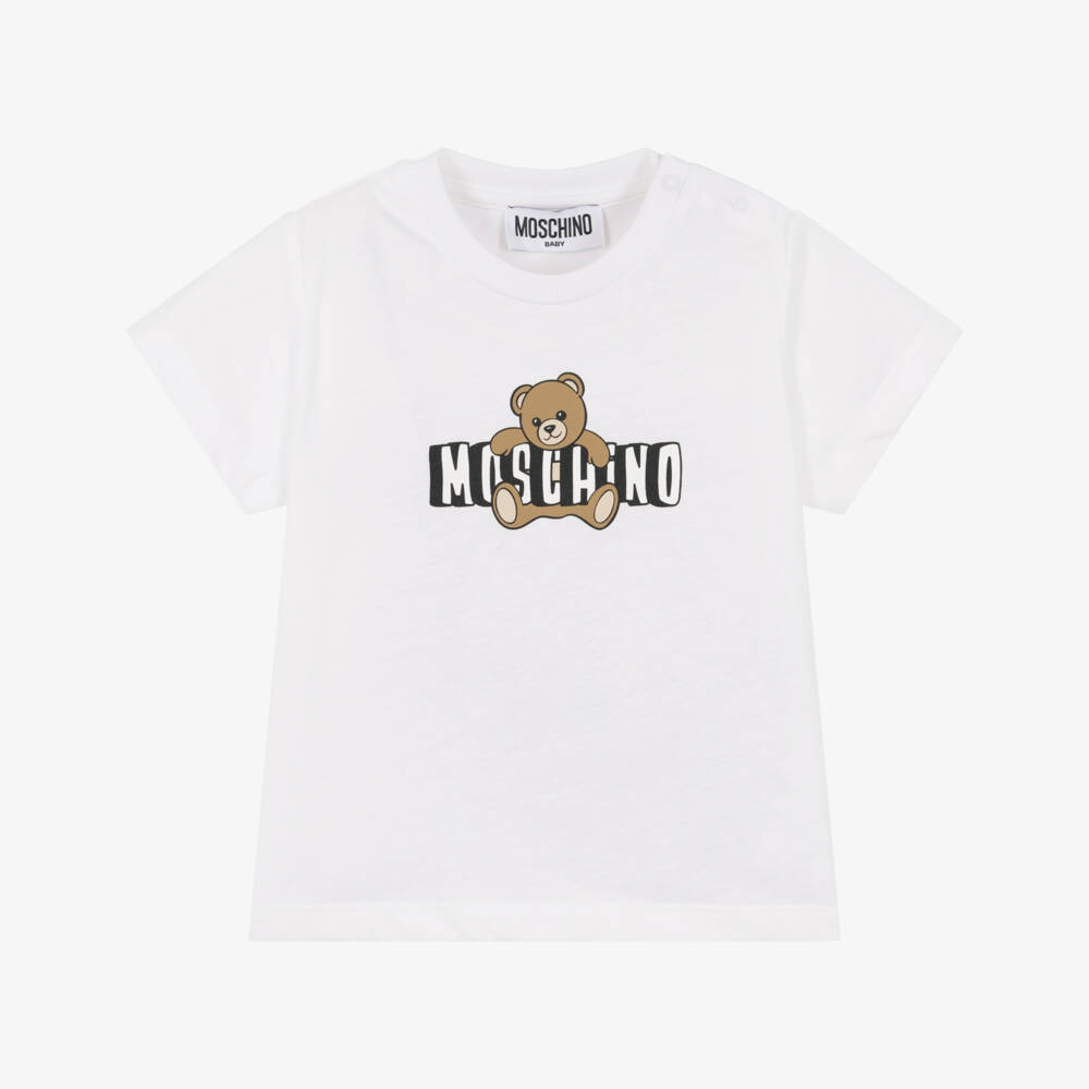 Moschino-White Cotton T-Shirt with Teddy Bear Logo | Childrensalon