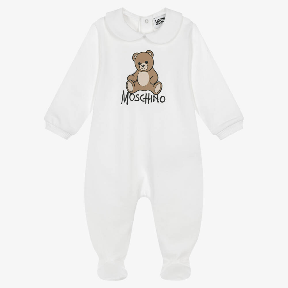 Moschino-White Cotton Teddy Bear Babygrow | Childrensalon