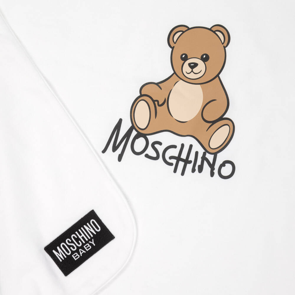 Moschino-White Cotton Teddy Bear Blanket (70cm) | Childrensalon