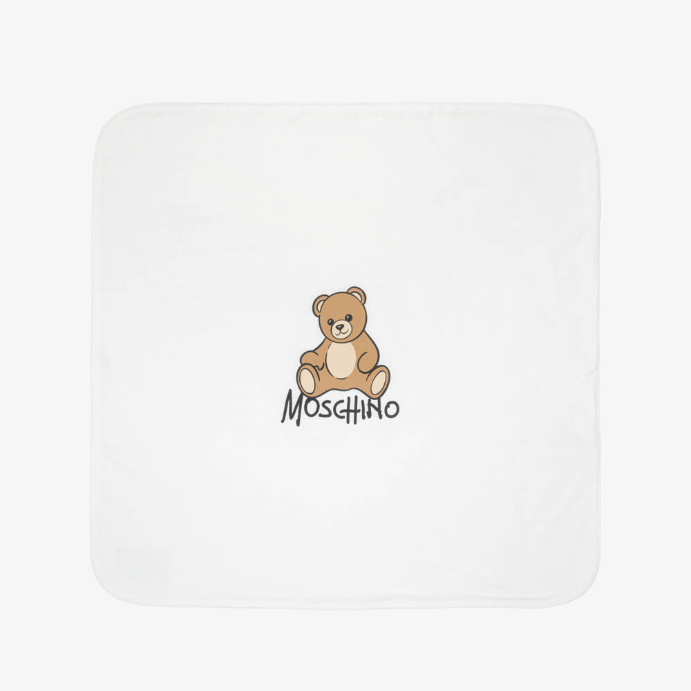 Moschino-White Cotton Teddy Bear Blanket (70cm) | Childrensalon