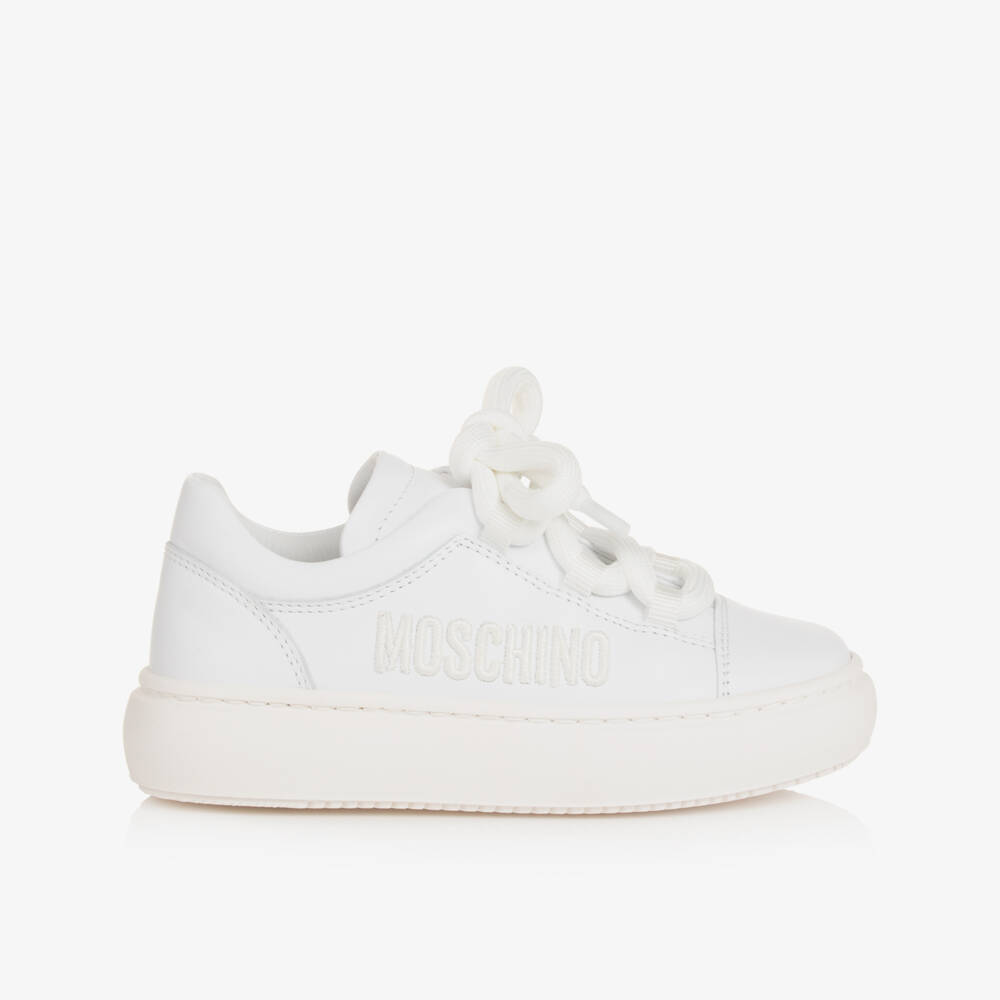 Moschino-White Leather Lace-Up Trainers With Embroidered Logo | Childrensalon
