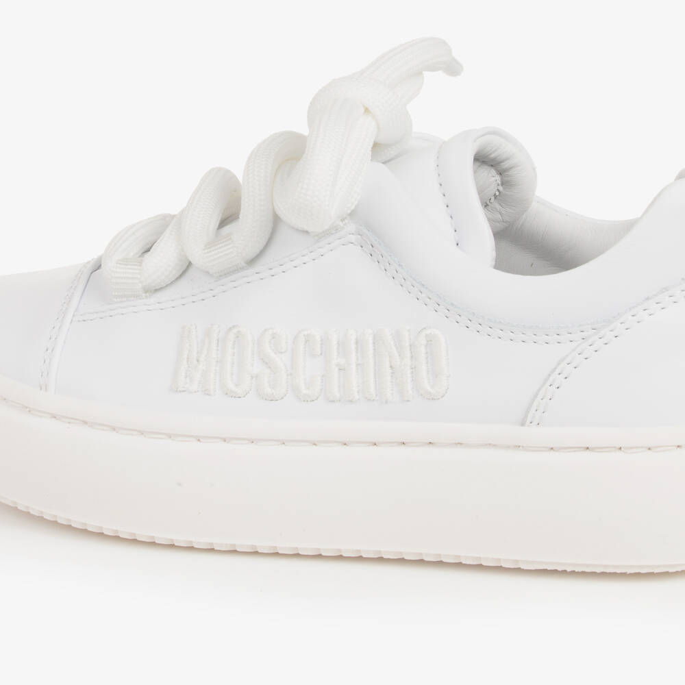 Moschino-White Leather Lace-Up Trainers With Embroidered Logo | Childrensalon