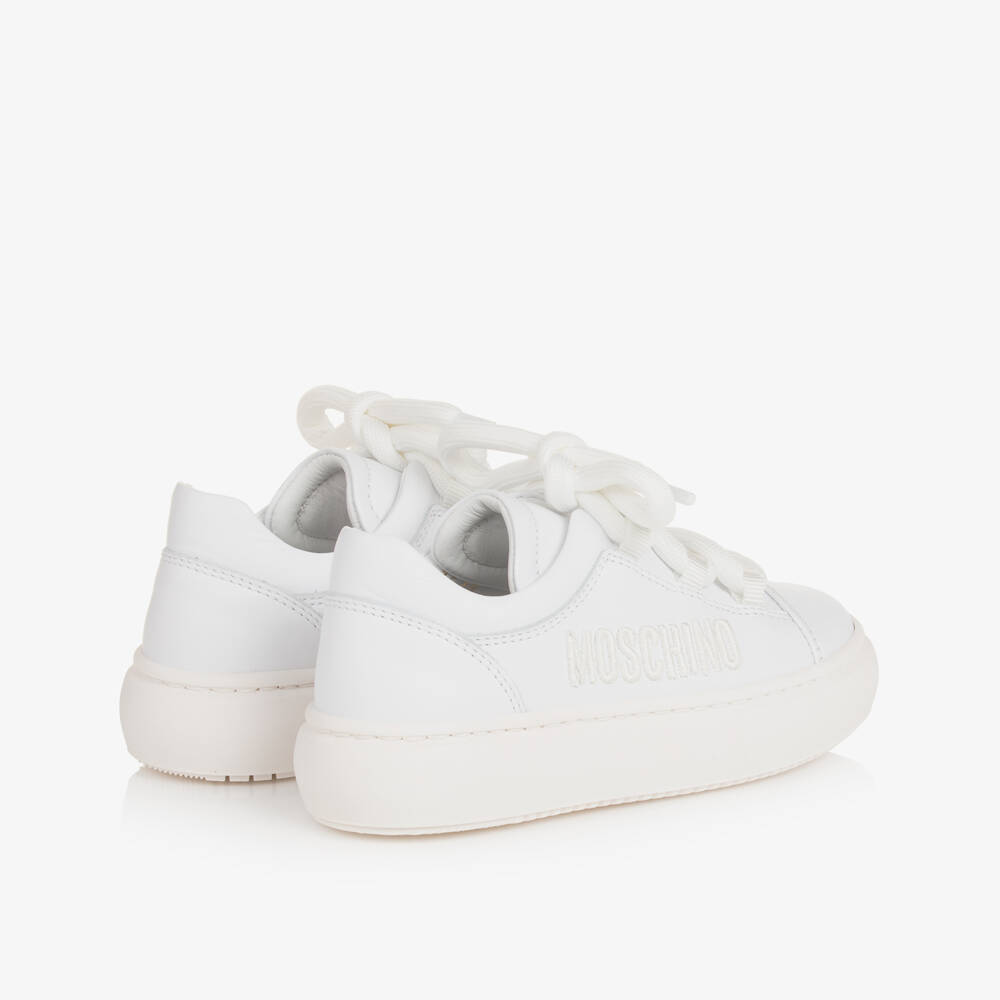 Moschino-White Leather Lace-Up Trainers With Embroidered Logo | Childrensalon